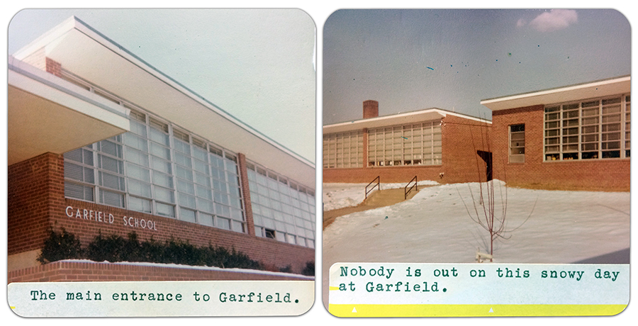 Two color photographs of Garfield Elementary School taken in January 1977. There is snow on the ground. One photograph shows the classroom windows close the main entrance and has a caption that reads: The main entrance to Garfield. The second photograph is of a separate classroom wing on the building, possibly taken from the area that is now the courtyard. The caption on this photograph reads: Nobody is out on this snowy day at Garfield.  