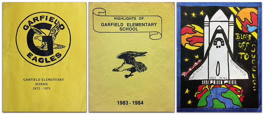 Collage of three Garfield Elementary School yearbook covers. Pictured on the left is the cover of our 1972 to 1973 yearbook. It is a plain yellow cover with an illustration of an eagle printed in black. The eagle is surrounded by a large letter G and the words Garfield Eagles. In the center is our yearbook from 1983 to 1984. It also has a plain yellow cover with an illustration of an eagle in flight. The words Highlights of Garfield Elementary School are printed above the eagle. The third cover, on the right, is our 1993 to 1994 yearbook. The cover features student-drawn artwork. The picture is of NASA-like Space Shuttle rocketing into orbit above the Earth. The words Blast Off to Success are on the right side of the cover. Two planets, colored yellow, orange, red, and blue are visible in space behind the shuttle.  